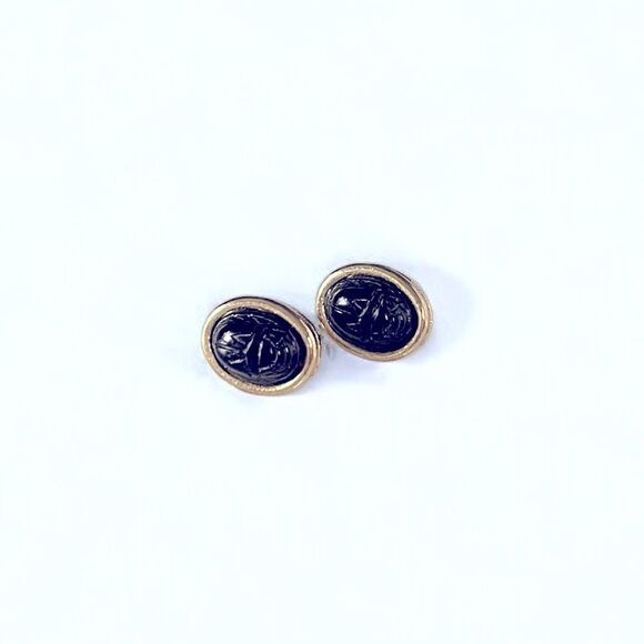 Vintage Black Scarab Gold Post Stud Earrings - Picture 3 of 5